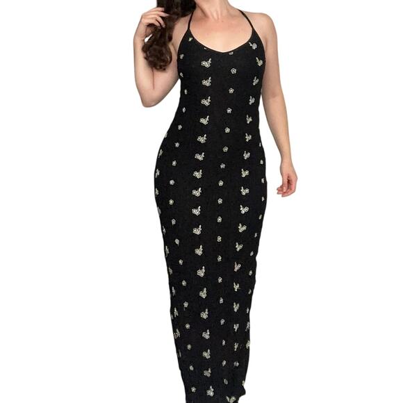 Bisou Bisou Black Maxi Bodycon Stretch Dress with White Green Floral Pattern - Picture 1 of 7